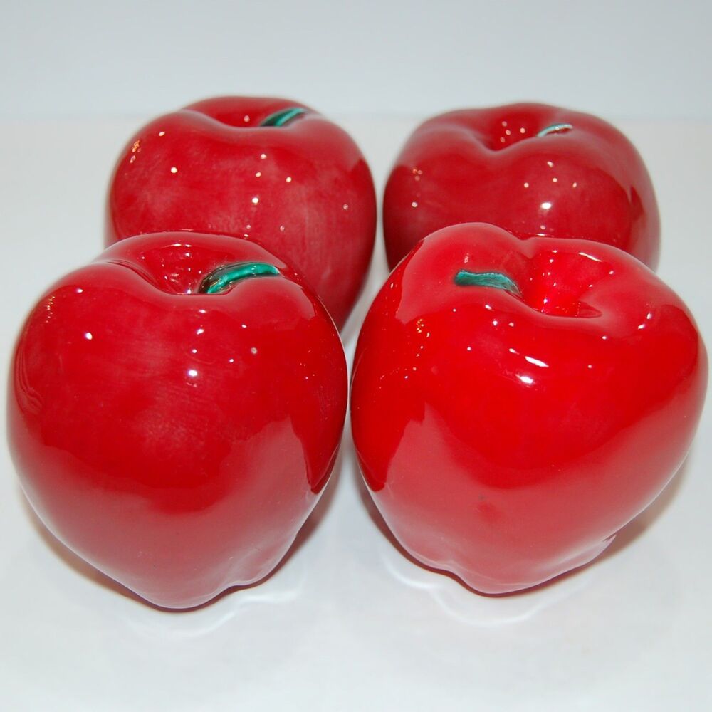 4 RED CERAMIC APPLES FAUX FRUIT FAKE ARTIFICIAL SHINY TABLE STAGING DECOR 3.5"